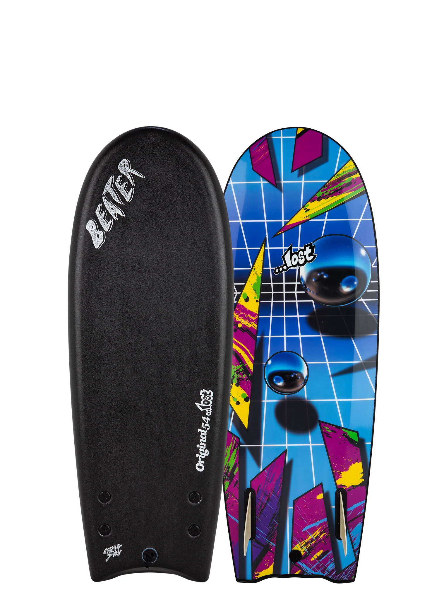 Black and colorful surfboard with geometric design and logos.
