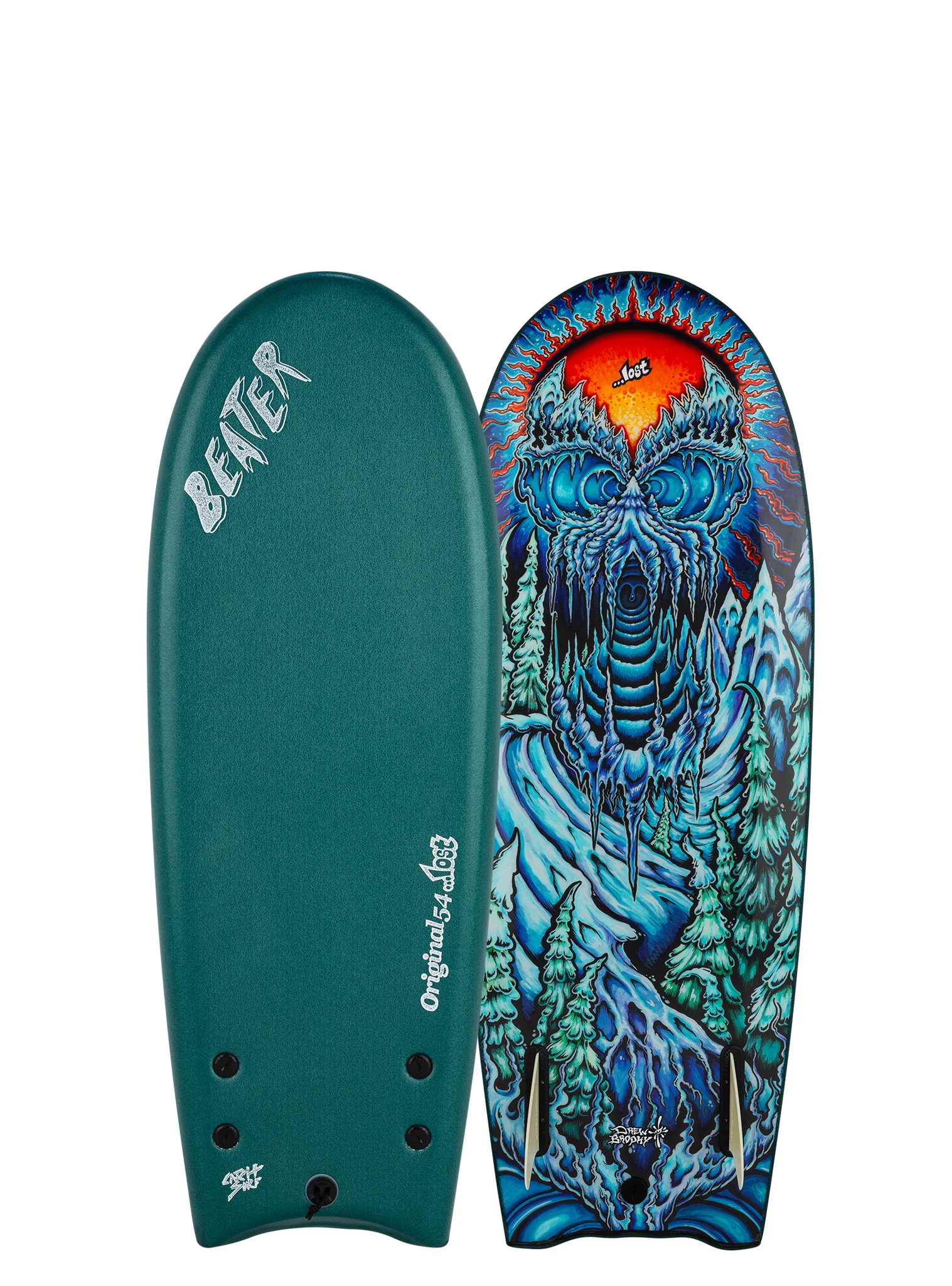 Two surfboards displayed, one with a solid green color and the other featuring a colorful graphic design.