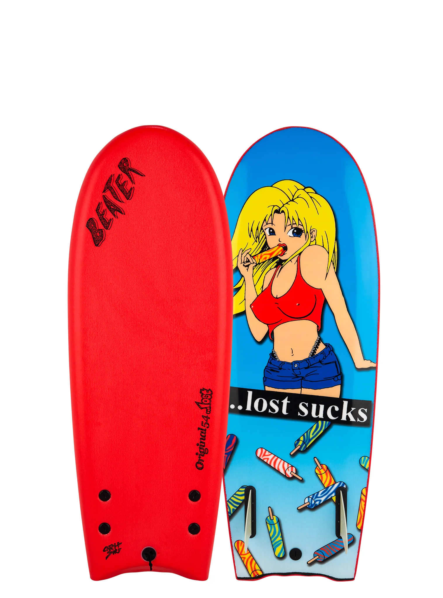 Red and blue surfboard featuring a cartoon woman and text.