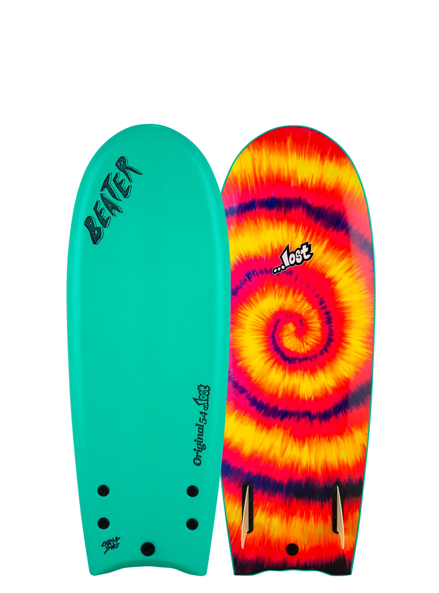 Two surfboards side by side, one turquoise and one tie-dye.