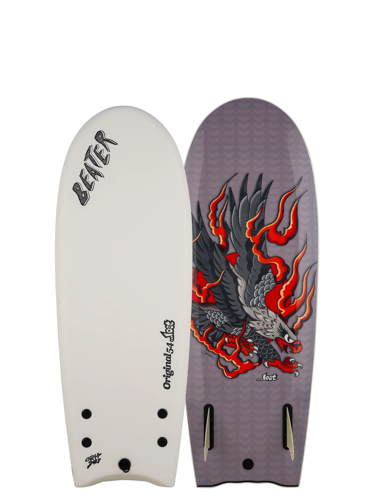 Surfboard with a white front and colorful eagle design on the back.