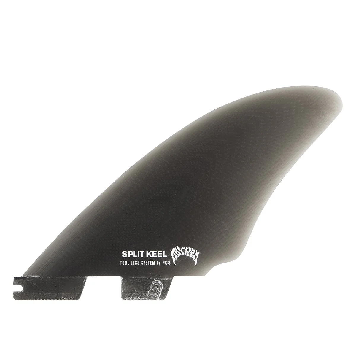 Black split keel fin for surfboards, featuring a tool-less system.