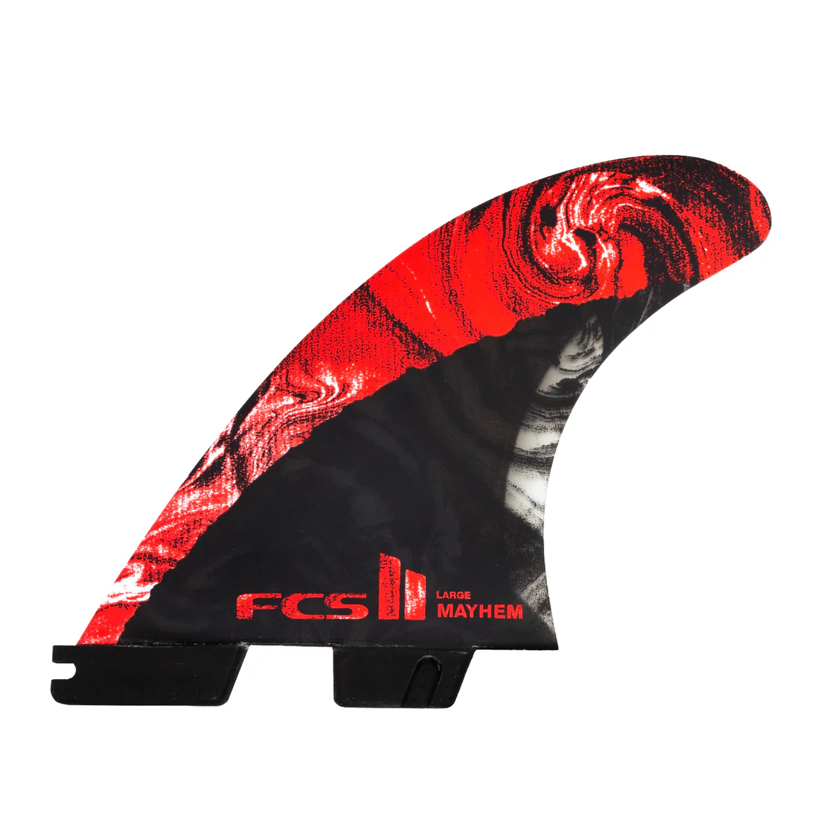 Large surfboard fin with red and black design.