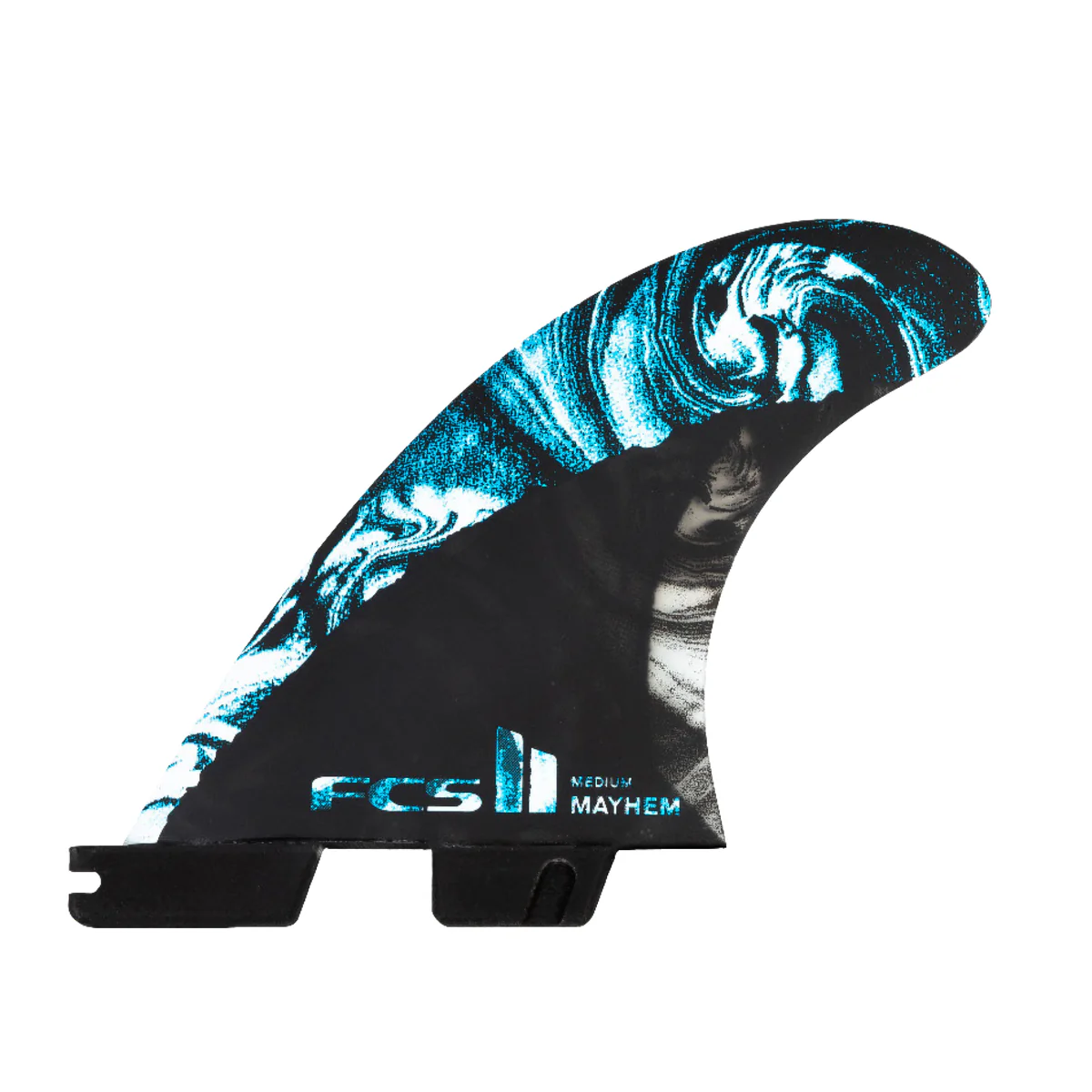 Surfboard fin with blue and black design.