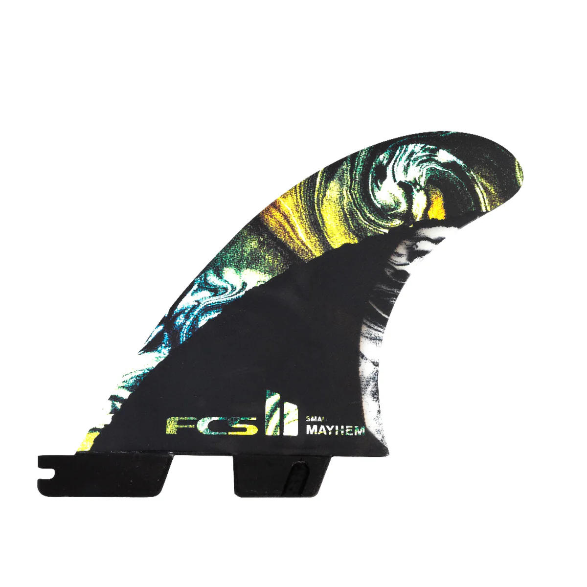 Colorful surfboard fin with FCS branding and abstract design.