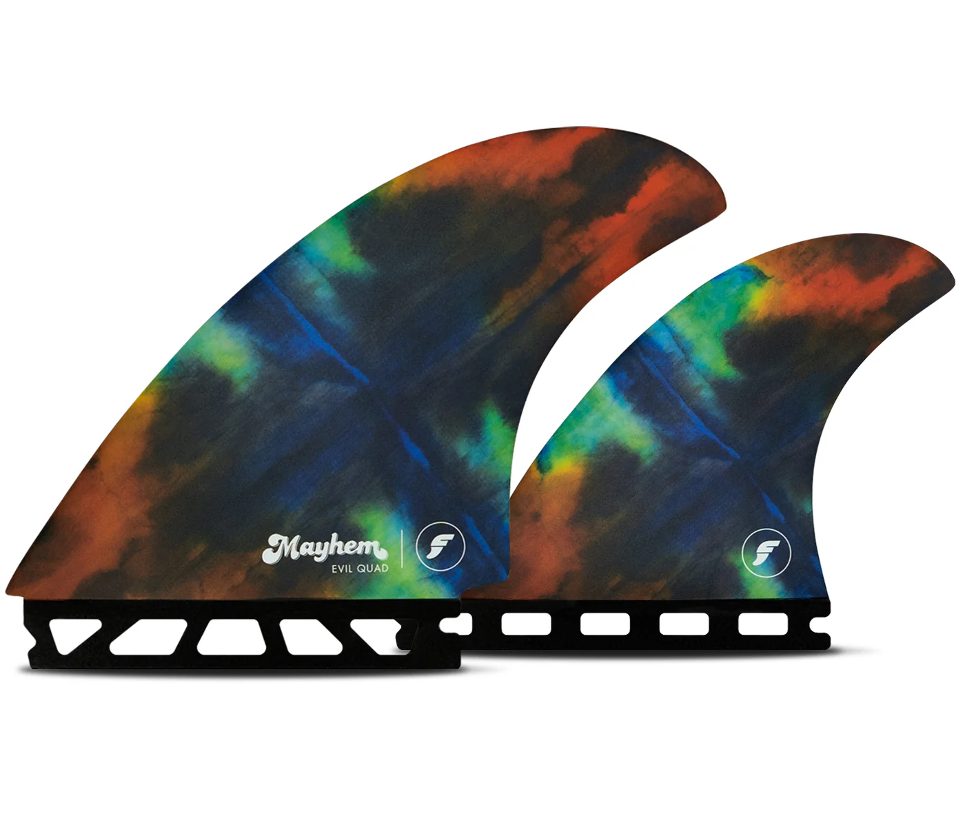 Colorful surfboard fins with a tie-dye pattern.