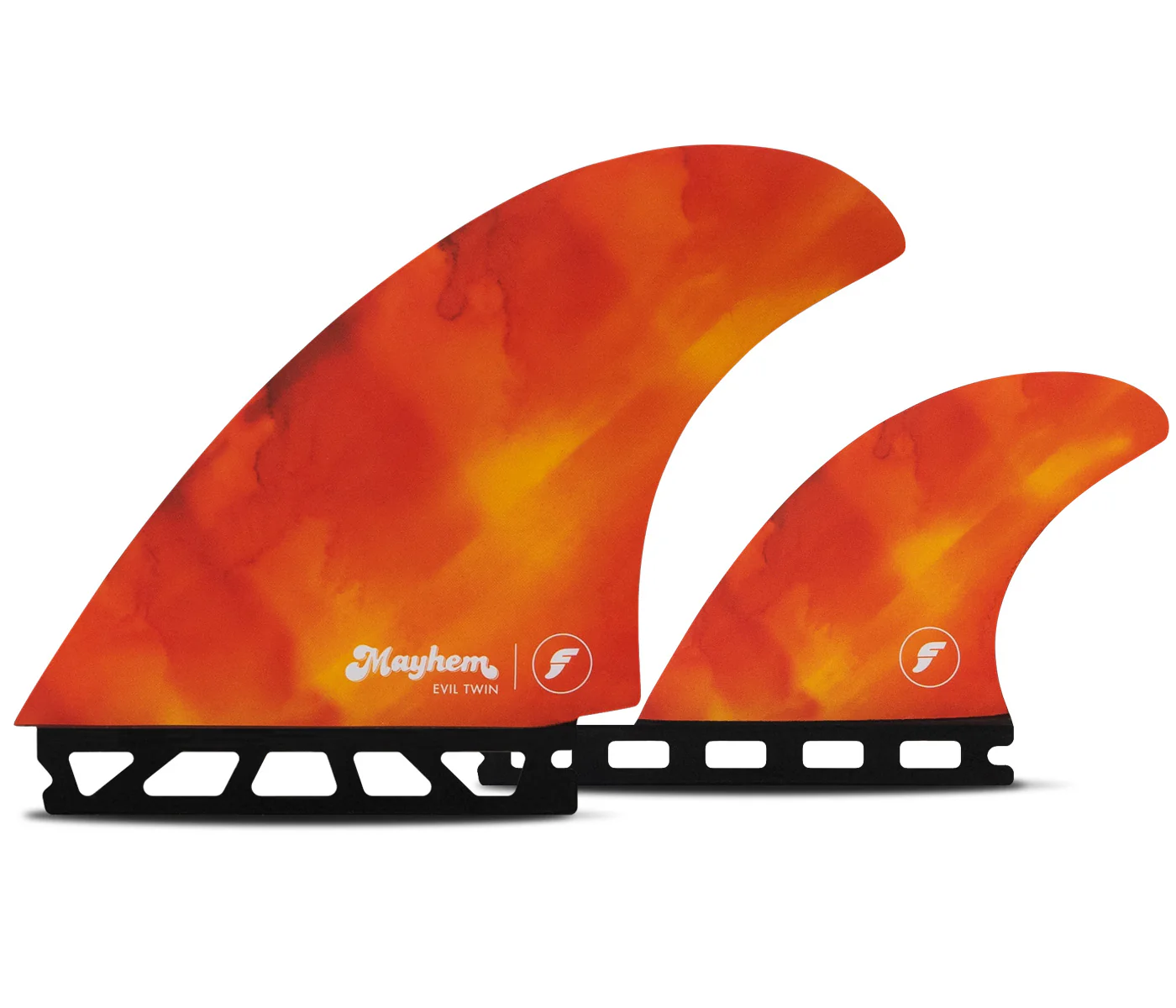 Surfboard fins with a vibrant orange and yellow design.