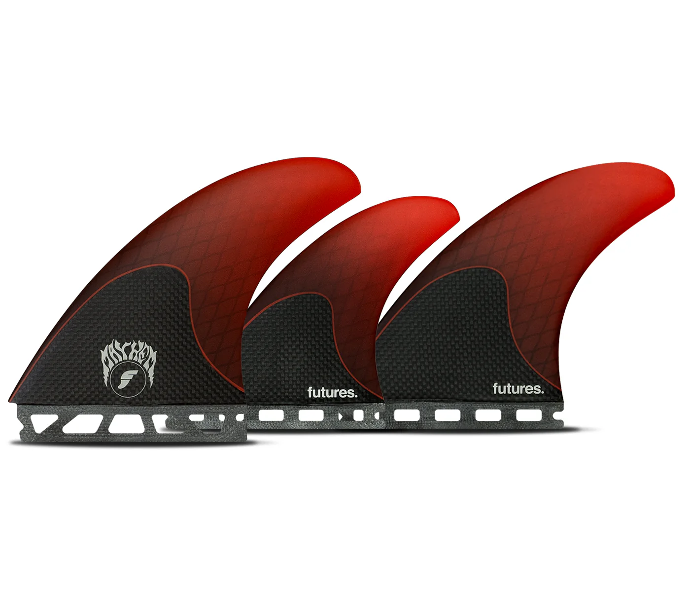 Three red surfboard fins with a black base.