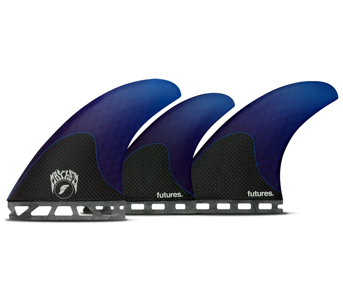 Three surfboard fins with a blue gradient design.