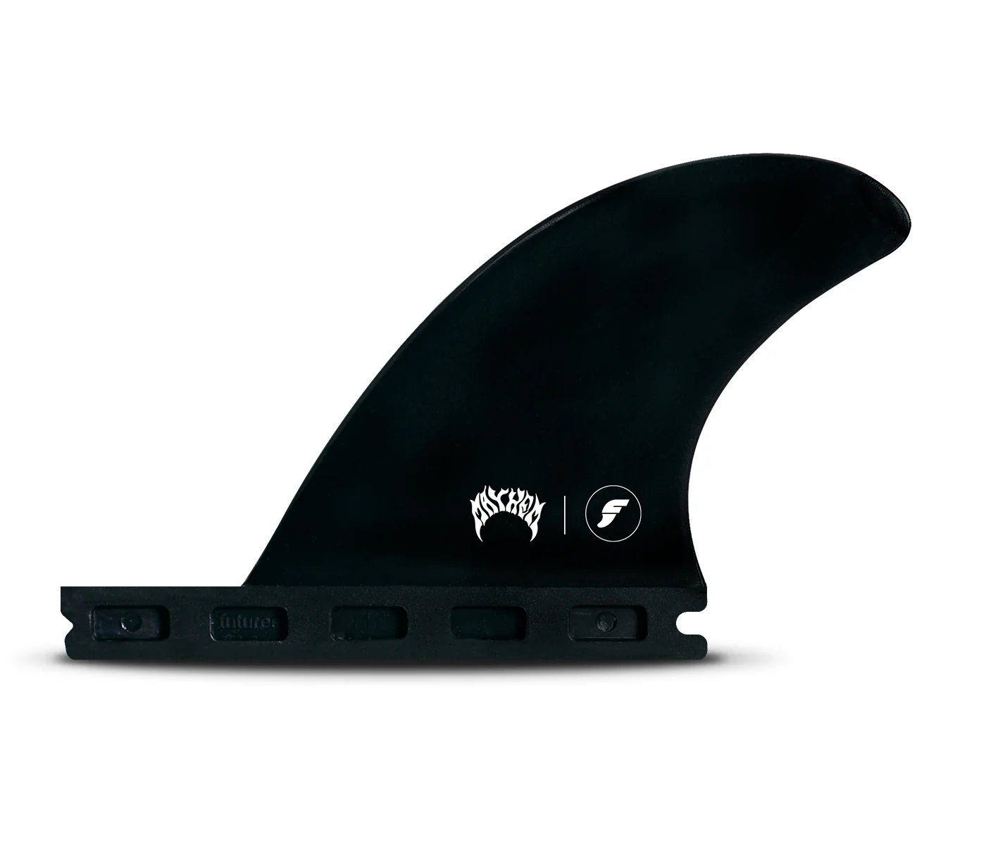Black surfboard fin with logos and mounting slots.