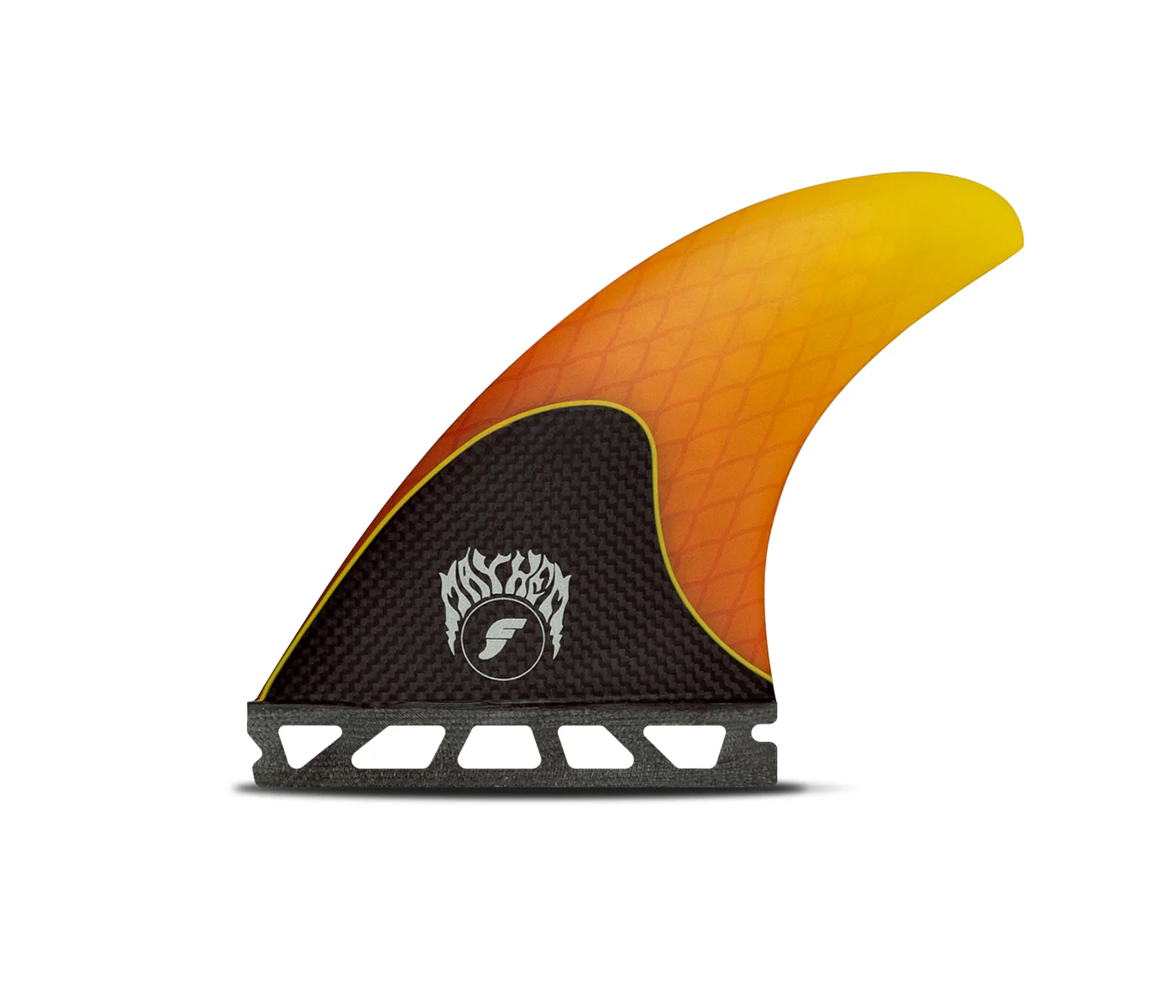 Surfboard fin with a gradient orange and yellow design.