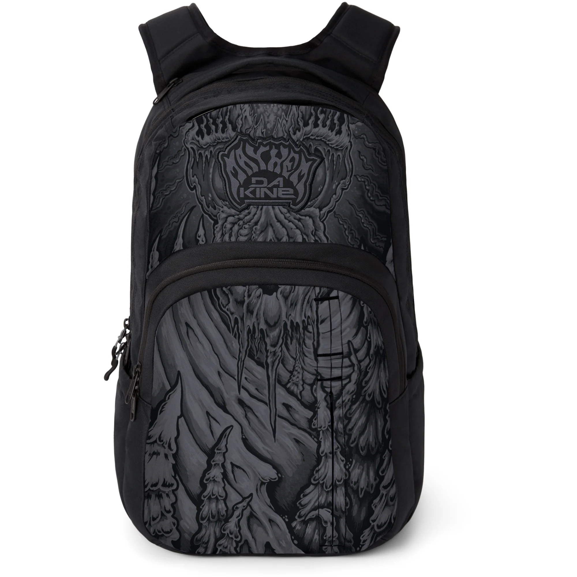 Black backpack with intricate gray graphic design.