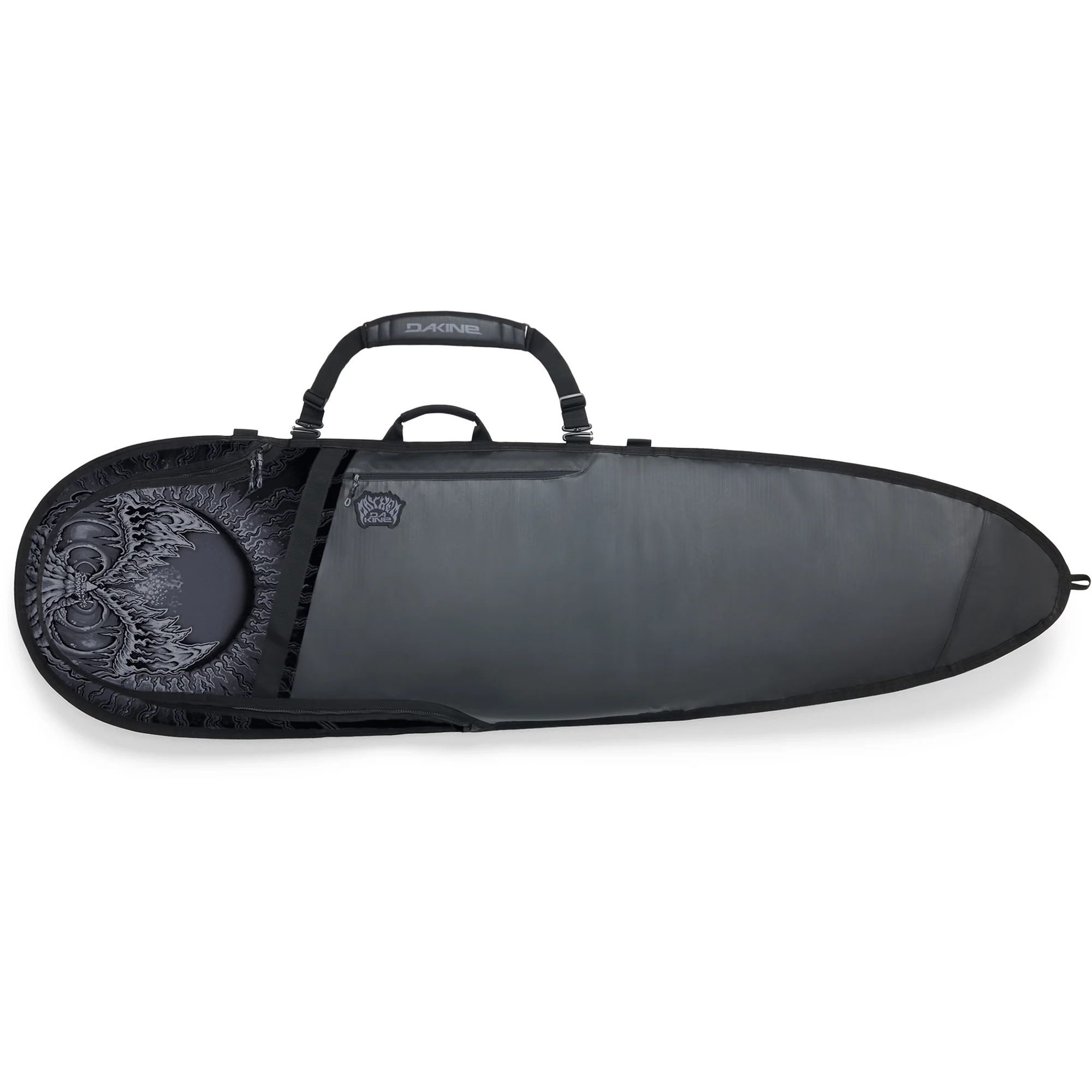 Black surfboard bag with a handle and graphic interior.