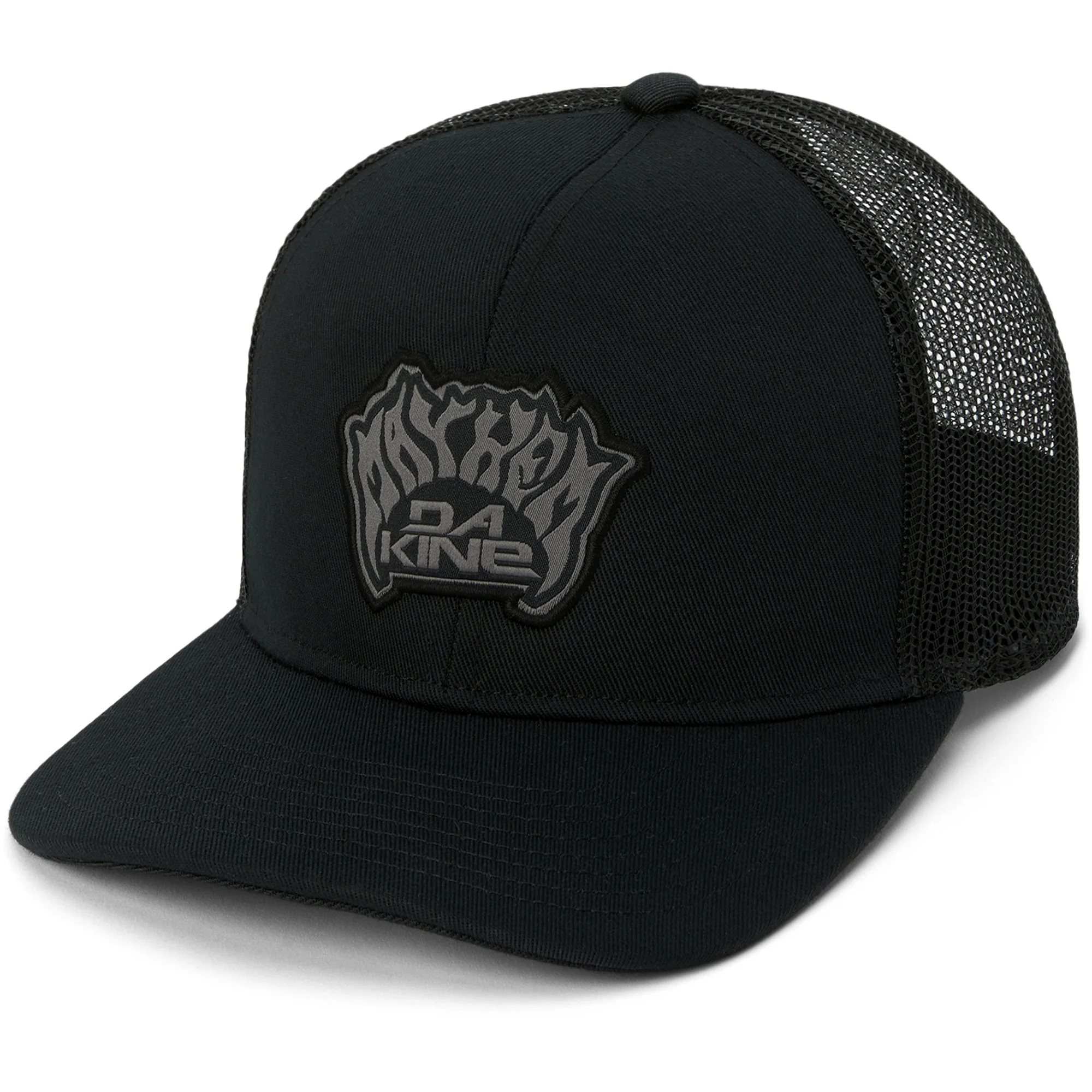 Black trucker hat with mesh back and logo.