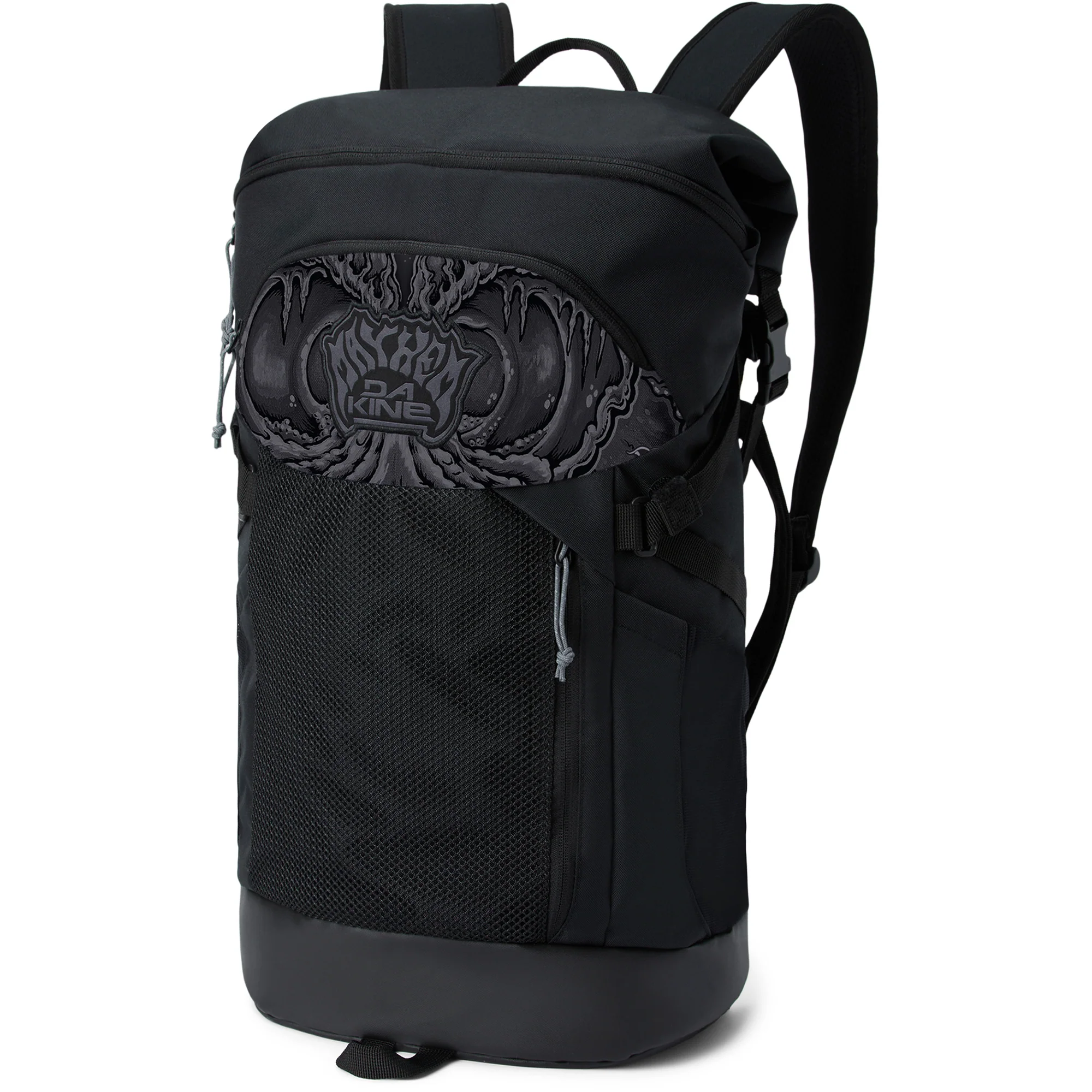 Black backpack with graphic design and mesh pocket.
