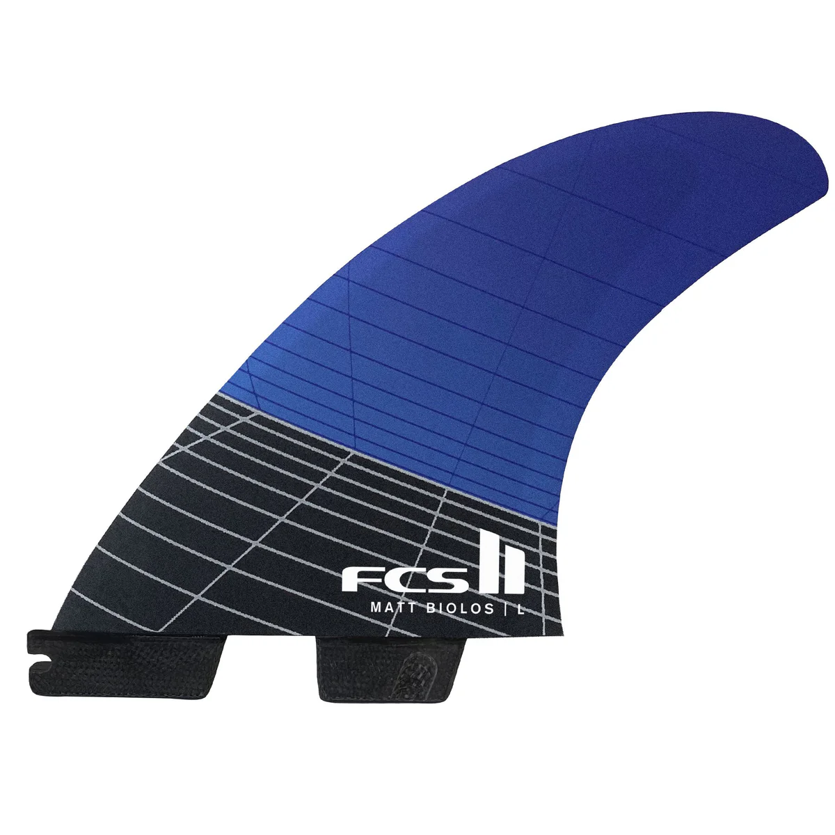 Blue surfboard fin with grid pattern and FCS II branding.