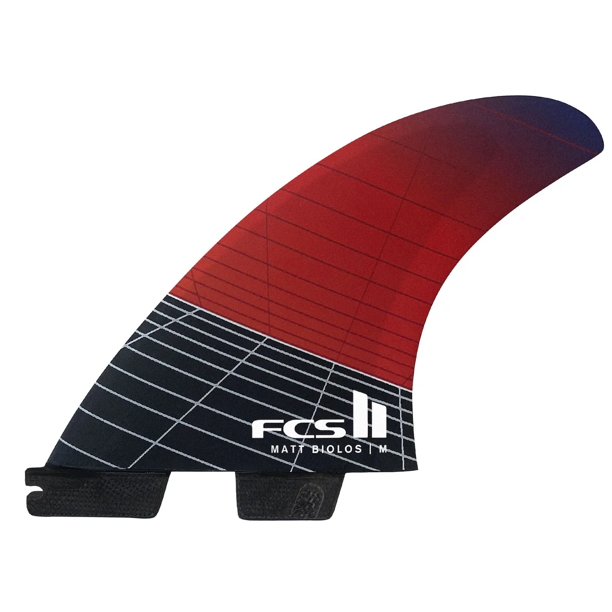Surfboard fin with red and black design.