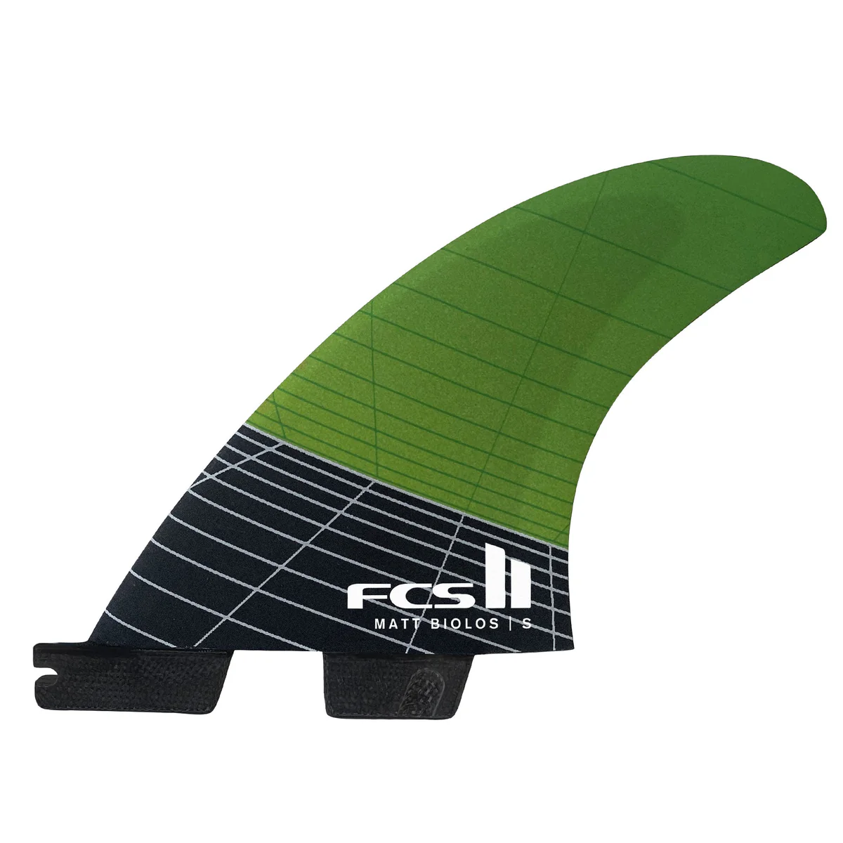 Green surfboard fin with grid pattern and FCS II branding.