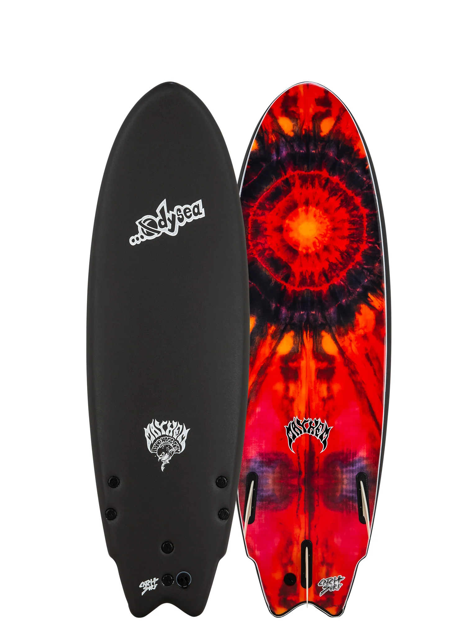 Black and red surfboard with logos on both sides.