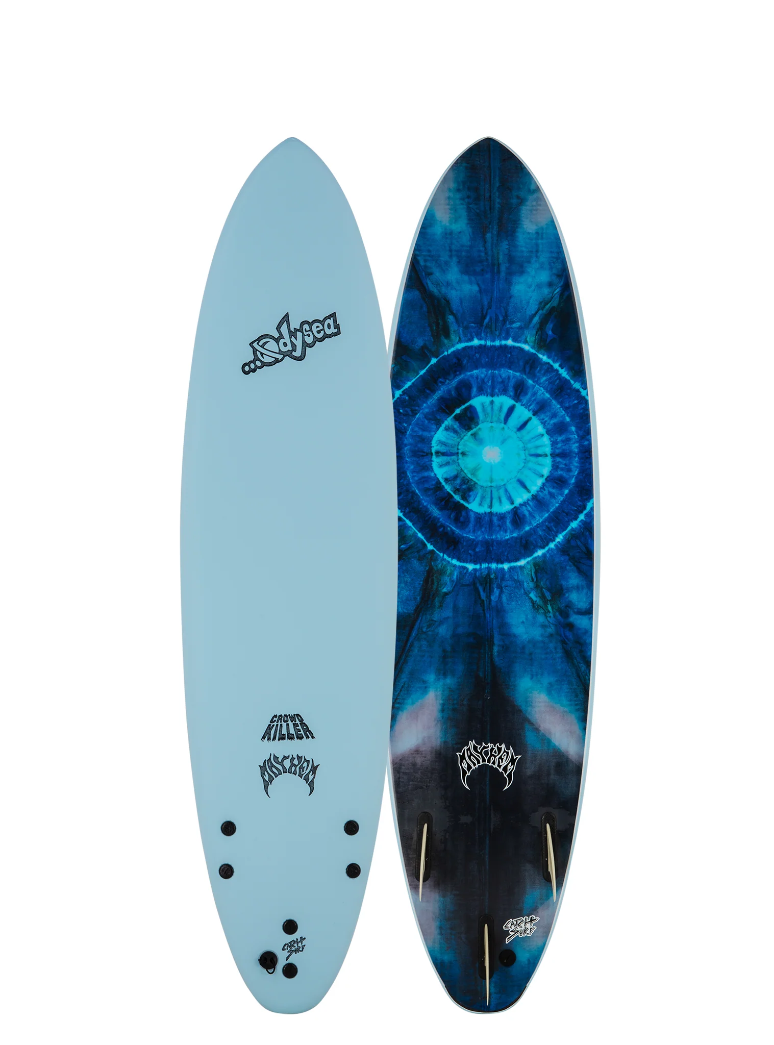 Surfboard with a blue top and colorful tie-dye bottom.
